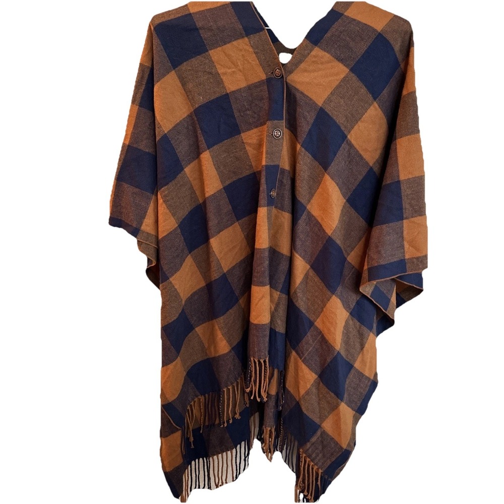 Matilda Jane Warm Sunset Button Front Poncho One Siz Navy Blue Rust Orange Plaid